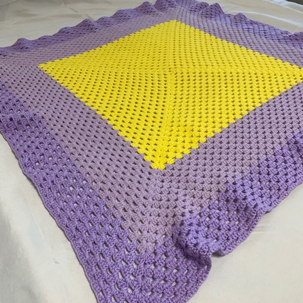 Vintage purple & yellow crocheted blanket throw